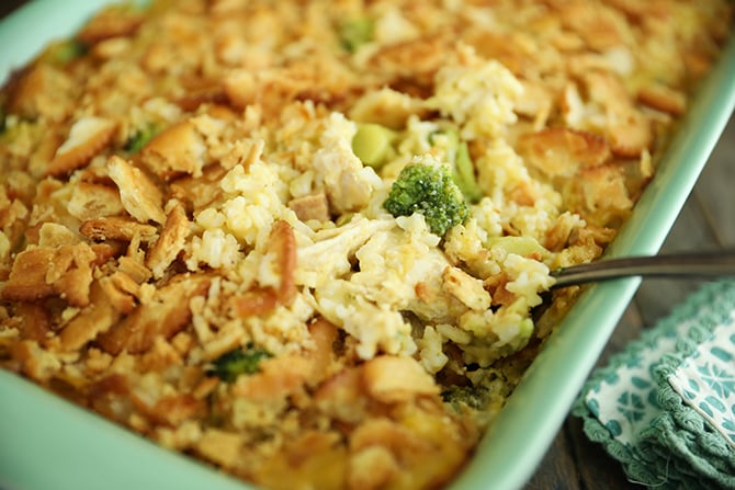 Broccoli Cheese Chicken Casserole in dish