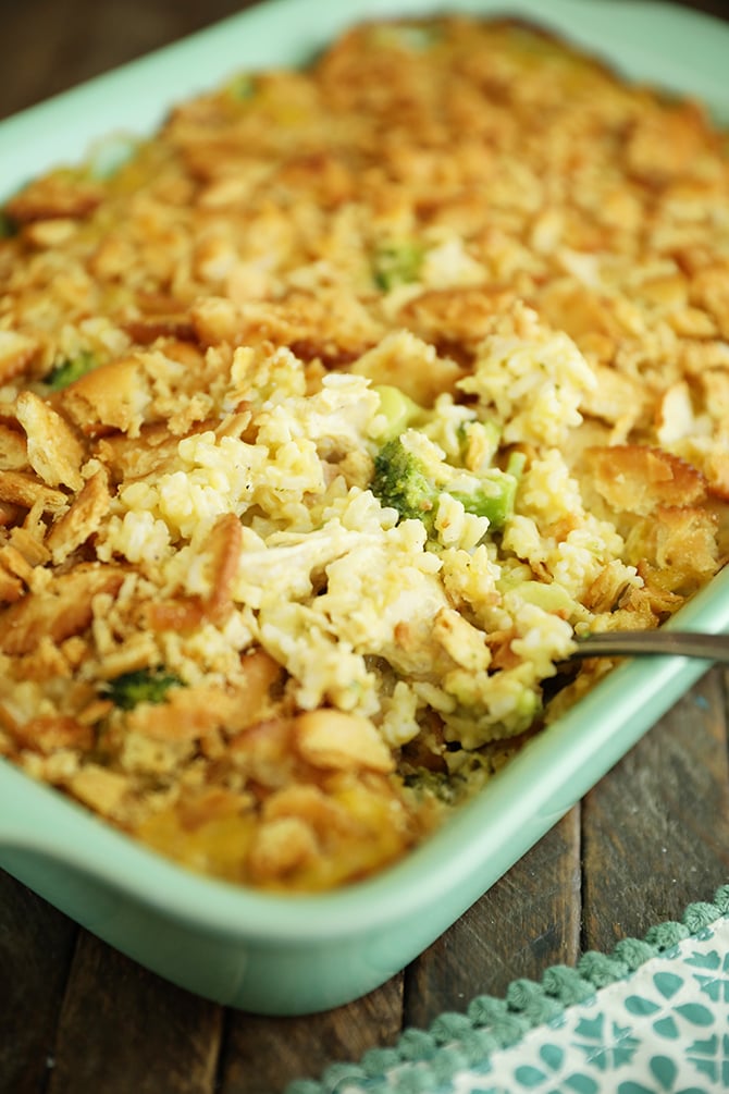 Broccoli Cheese Chicken Casserole in casserole dish