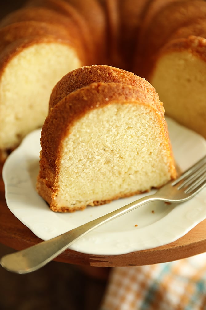 Slice of Buttermilk Pound Cake on a white plate