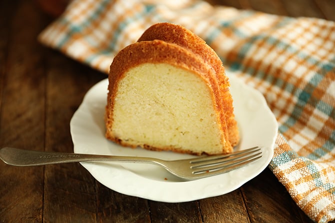 Slice of Buttermilk Pound Cake on a white plate