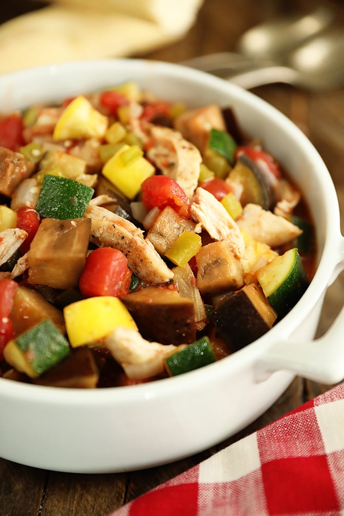 Chicken Ratatouille in a white dish