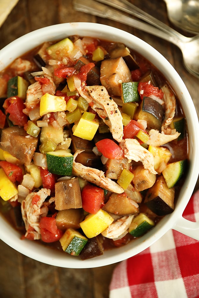 Chicken RaChicken Ratatouille in a white dish