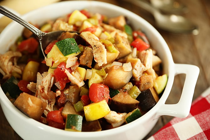 Chicken Ratatouille in a white dish
