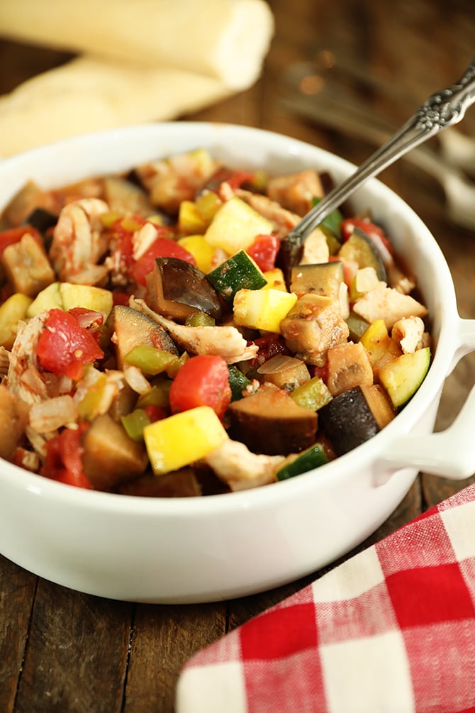 Chicken Ratatouille in a white dish
