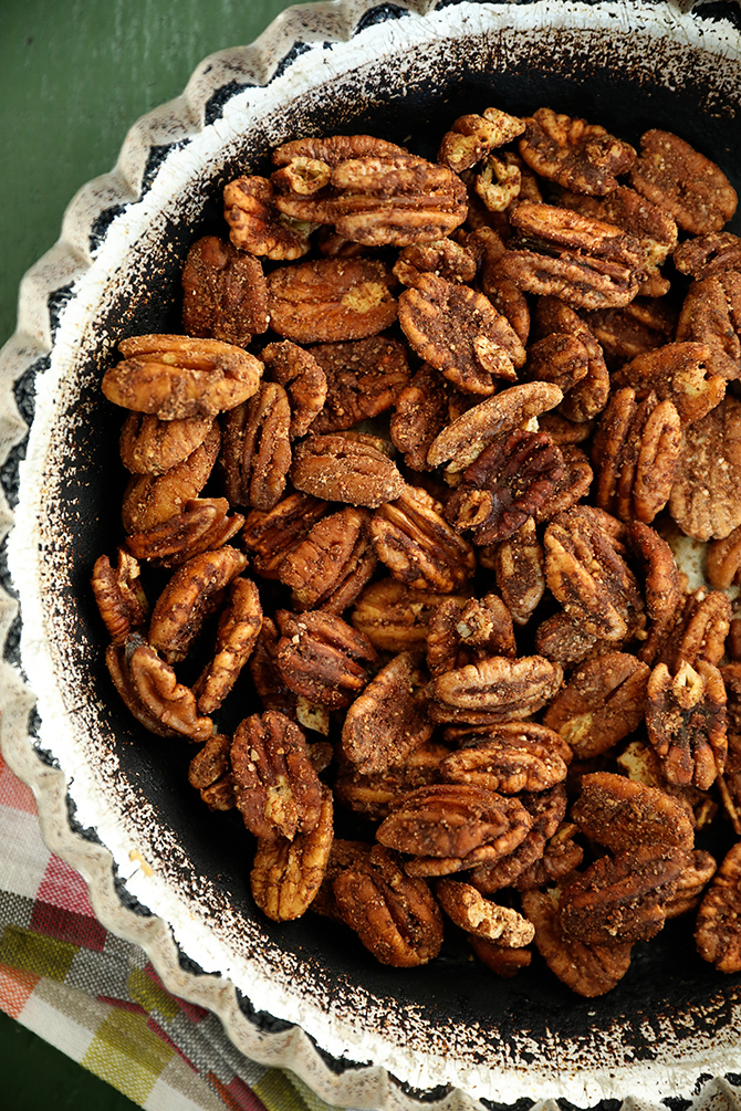 Butter Toasted Pumpkin Spice Pecans in a metal pan