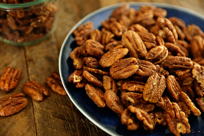 Butter Toasted Pumpkin Spice Pecans on a blue plate