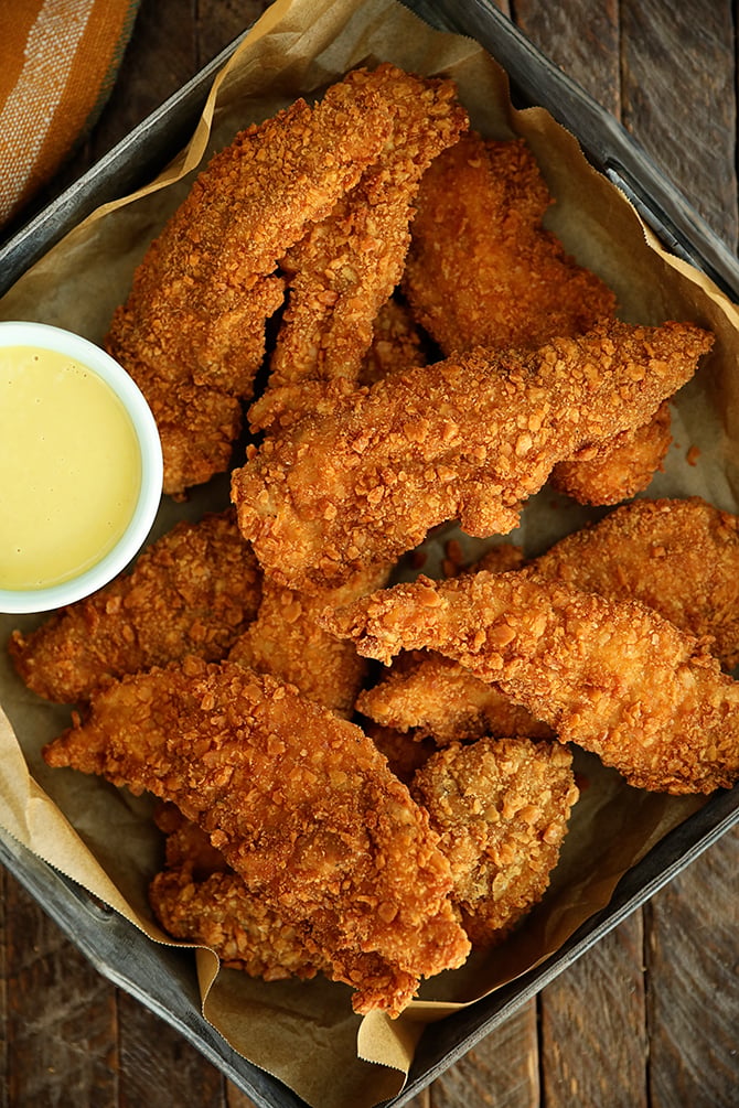 Saltine Crusted Chicken Tenders with honey mustard
