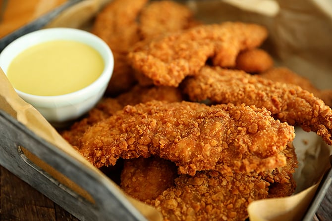 Saltine Crusted Chicken Tenders with honey mustard
