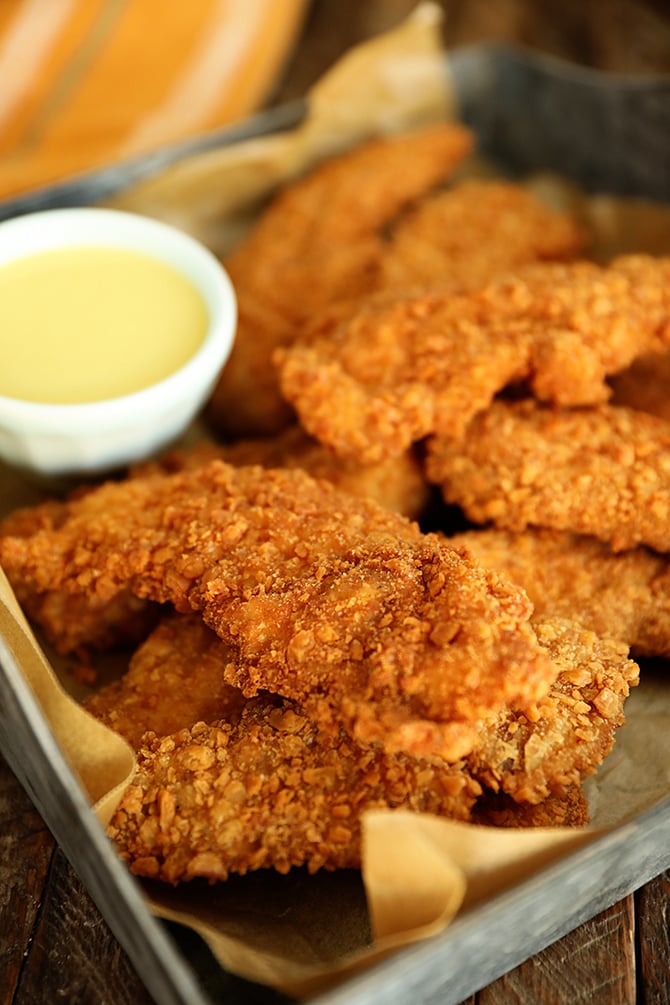 Saltine Crusted Chicken Tenders with honey mustard