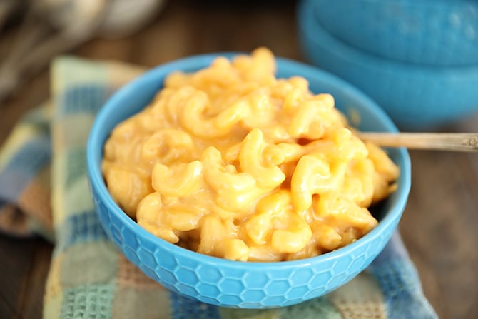 The Best Crock Pot Mac and Cheese in a blue bowl