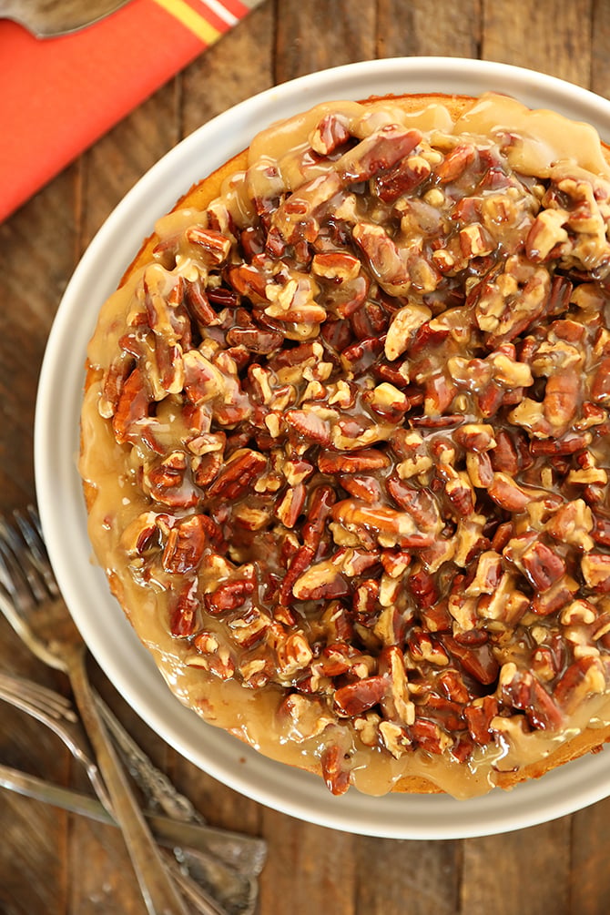 Overhead view of Easy Pumpkin Cheesecake with Pecan Pie Topping