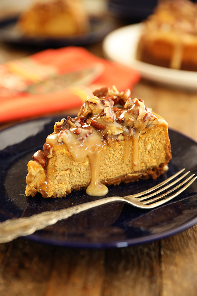 Single piece of Easy Pumpkin Cheesecake with Pecan Pie Topping