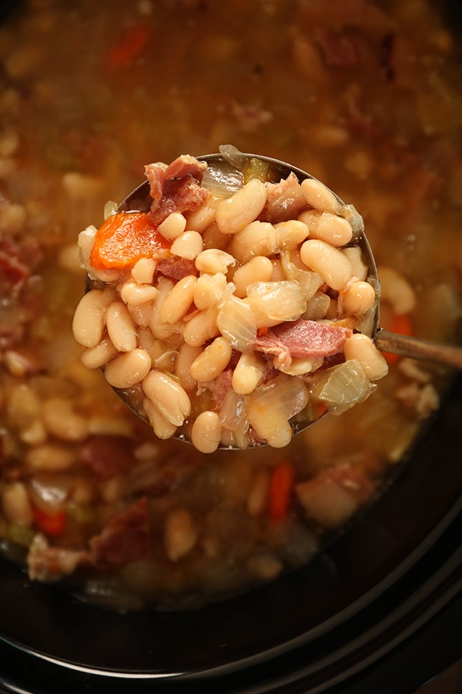 scoop of Slow Cooker Ham and Beans