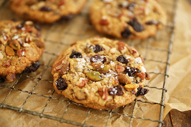 Chocolate, Cherry, Pistachio, Pecan Cookies on wire rack