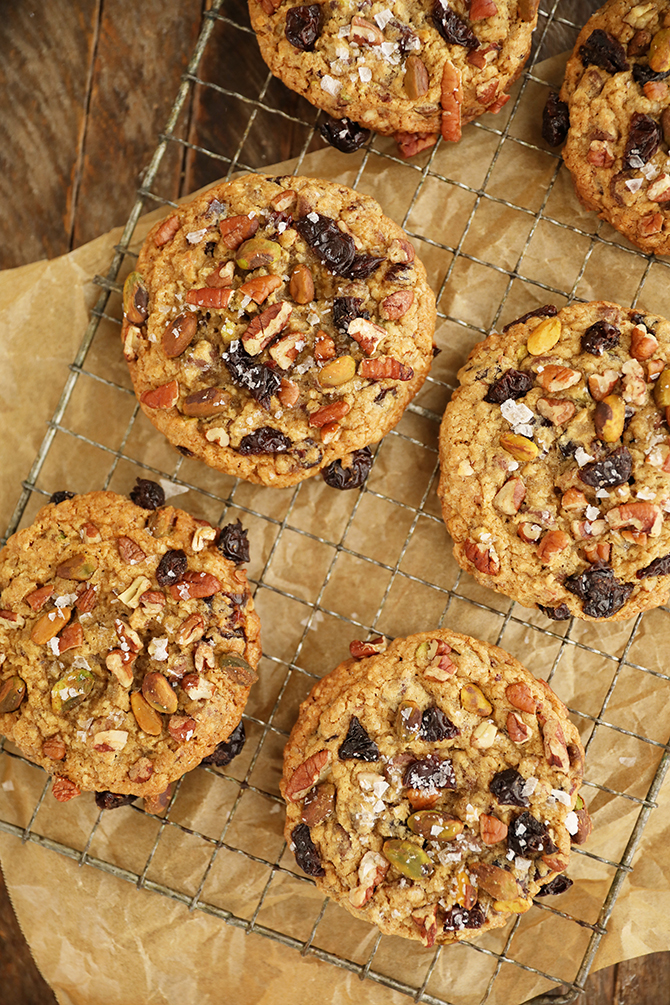 Chocolate, Cherry, Pistachio, Pecan Cookies on wire rack