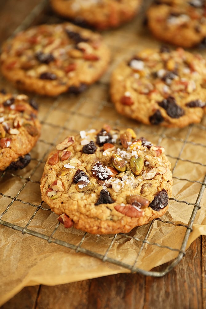Chocolate, Cherry, Pistachio, Pecan Cookies on wire rack