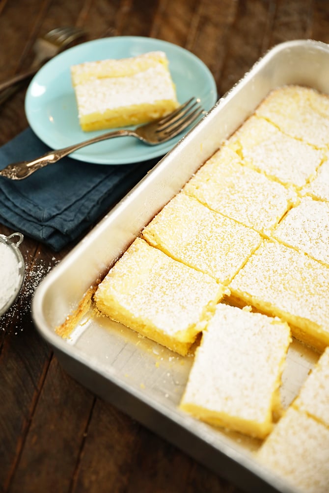 Easy Lemon Squares in a metal pan