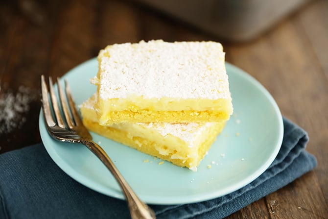 Two Easy Lemon Squares on a blue plate