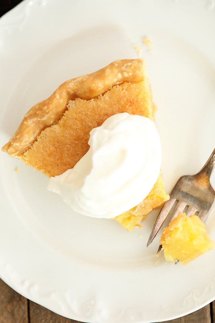 Over head view of slice of Old Fashioned Vinegar Pie with bite missing