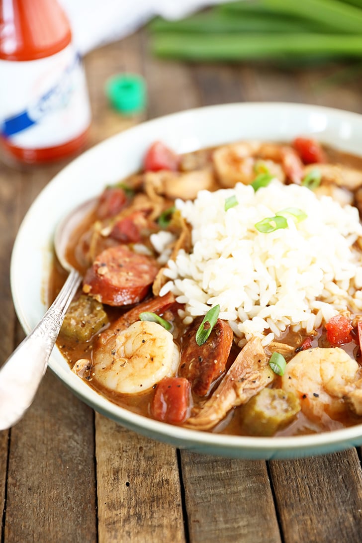 Chicken, Sausage, and Shrimp Gumbo in a bowl with white rice