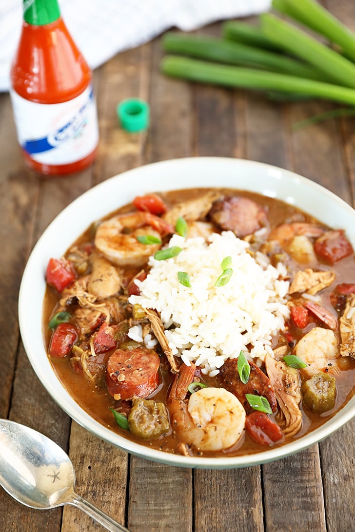 Chicken, Sausage, and Shrimp Gumbo in a bowl with white rice