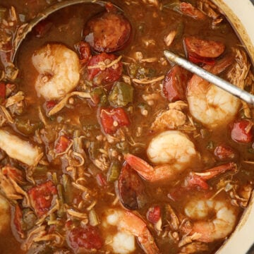 Chicken, Sausage, and Shrimp Gumbo in dutch oven