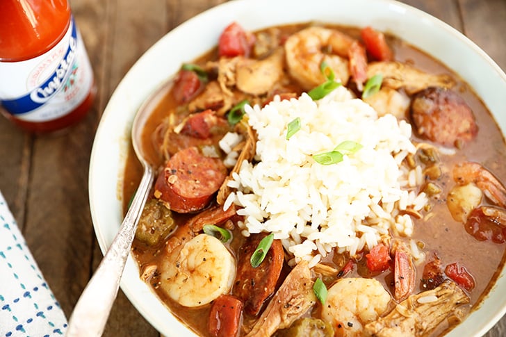 Chicken, Sausage, and Shrimp Gumbo in a bowl with white rice