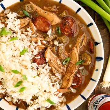 Bowl of Chicken and Sausage Gumbo with rice