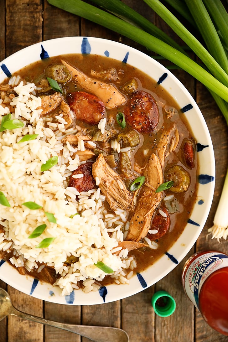 Bowl of Chicken and Sausage Gumbo with rice