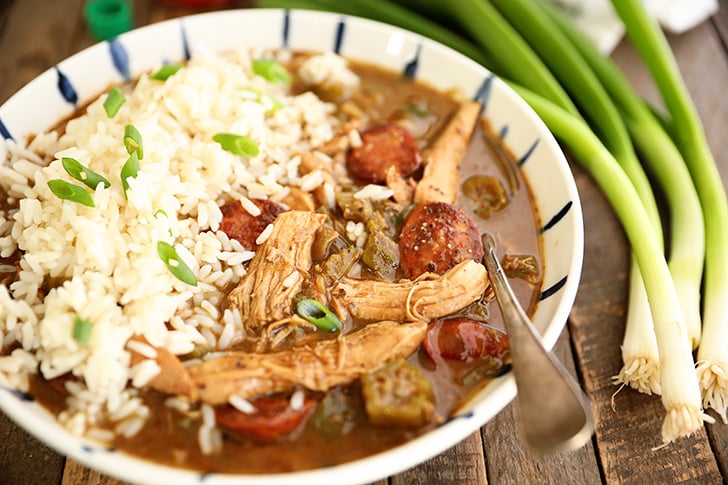 Bowl of Chicken and Sausage Gumbo with rice
