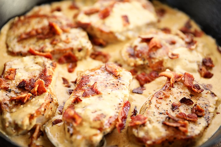 Pork Chops with Cream Bacon Pan Sauce in skillet