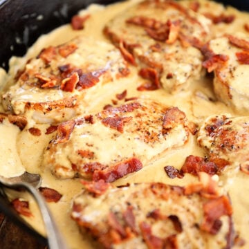 Pork Chops with Cream Bacon Pan Sauce in skillet