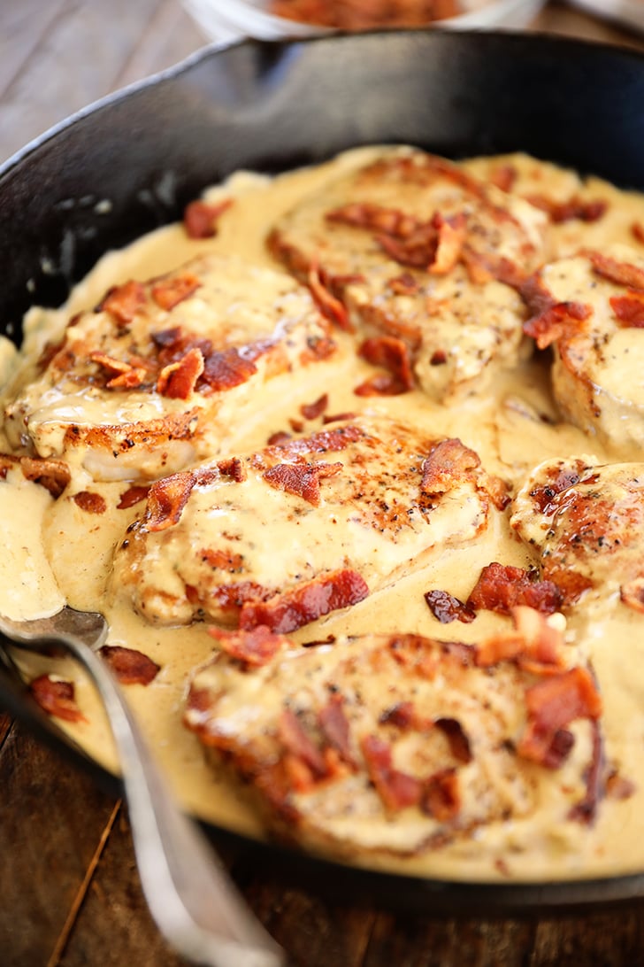 Pork Chops with Cream Bacon Pan Sauce in skillet