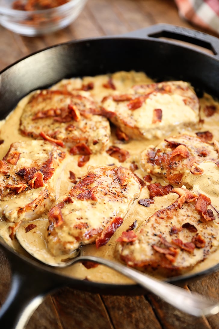 Pork Chops with Cream Bacon Pan Sauce in skillet