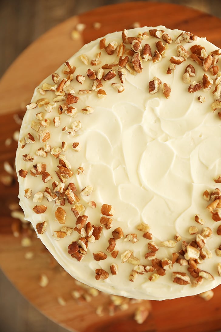 Overhead view of whole carrot cake.