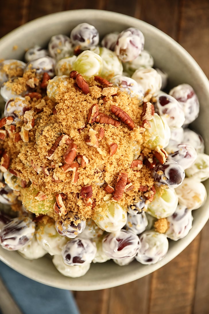 Overhead view of Creamy Grape Salad in a bowl.