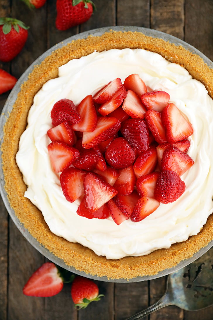 Overhead view of whole Strawberry Cream Cheese Pie.
