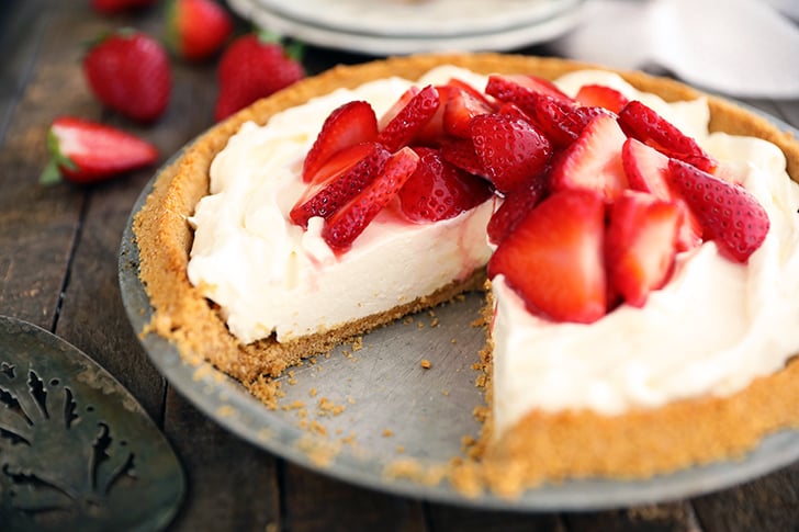 Strawberry Cream Cheese Pie with one slice missing.