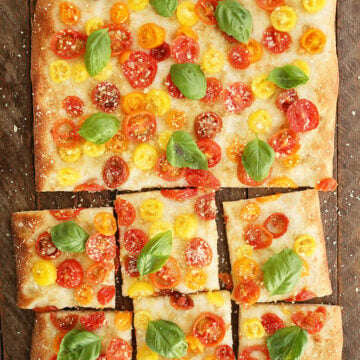 Shortcut Tomato Focaccia on a cutting board.