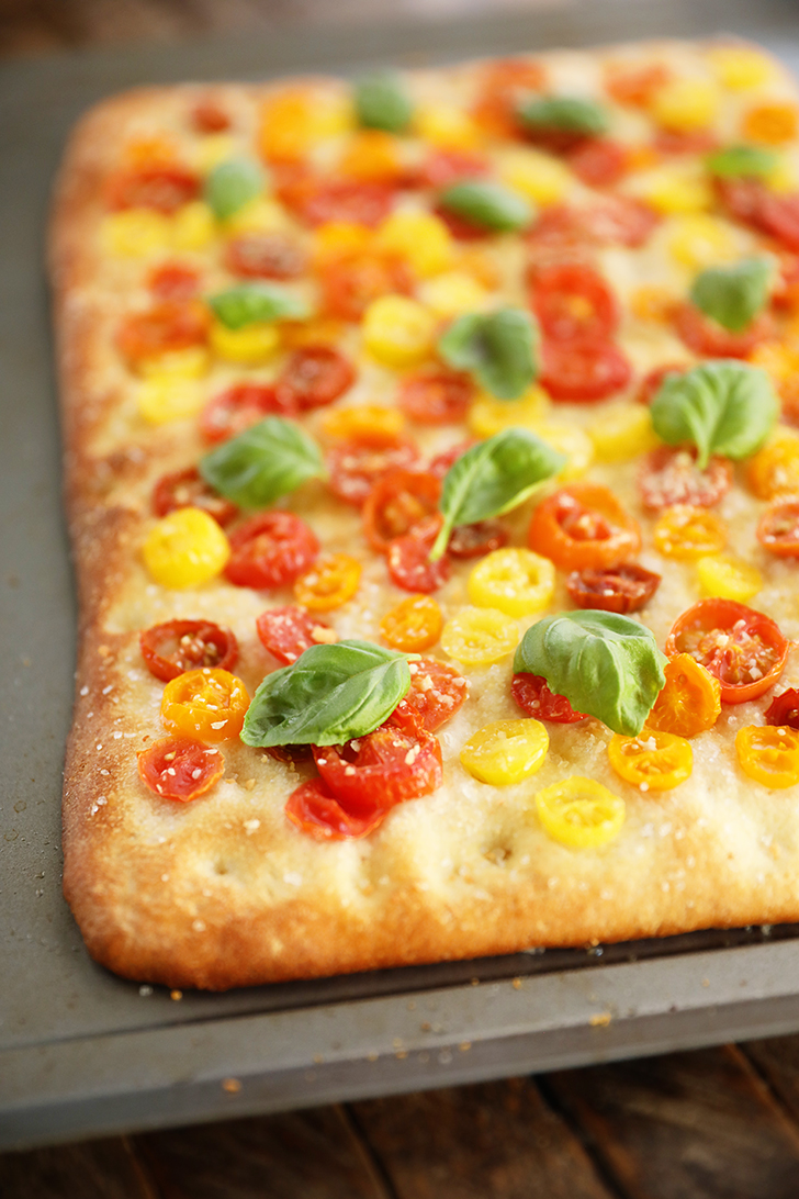 Shortcut Tomato Focaccia on a sheet pan.