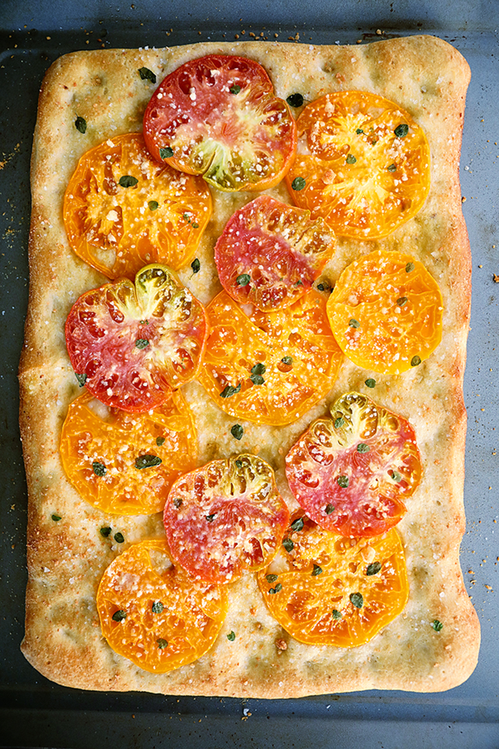 Shortcut Tomato Focaccia on a sheet pan.