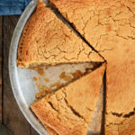 overhead view of Peanut Butter Chess Pie cut into slices.