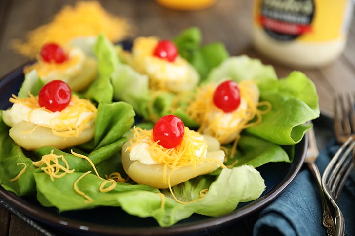 Southern Pear Salad on a blue plate.