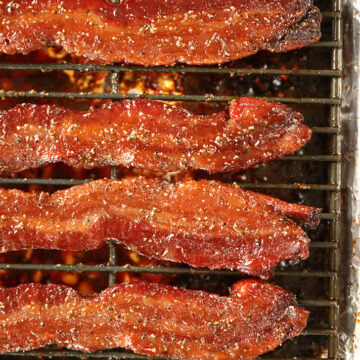 Easy Candied Bacon Strips on a Cooling Rack.