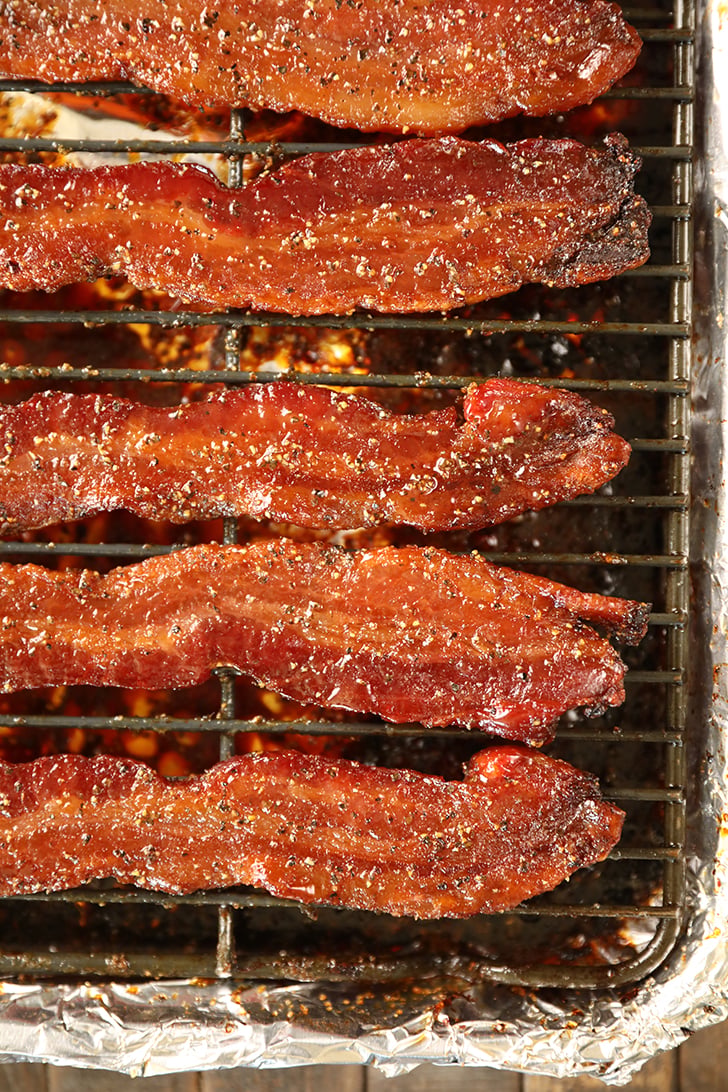 Easy Candied Bacon strips on a cooling rack.