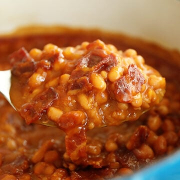spoonful of bacon brown suagr baked beans.