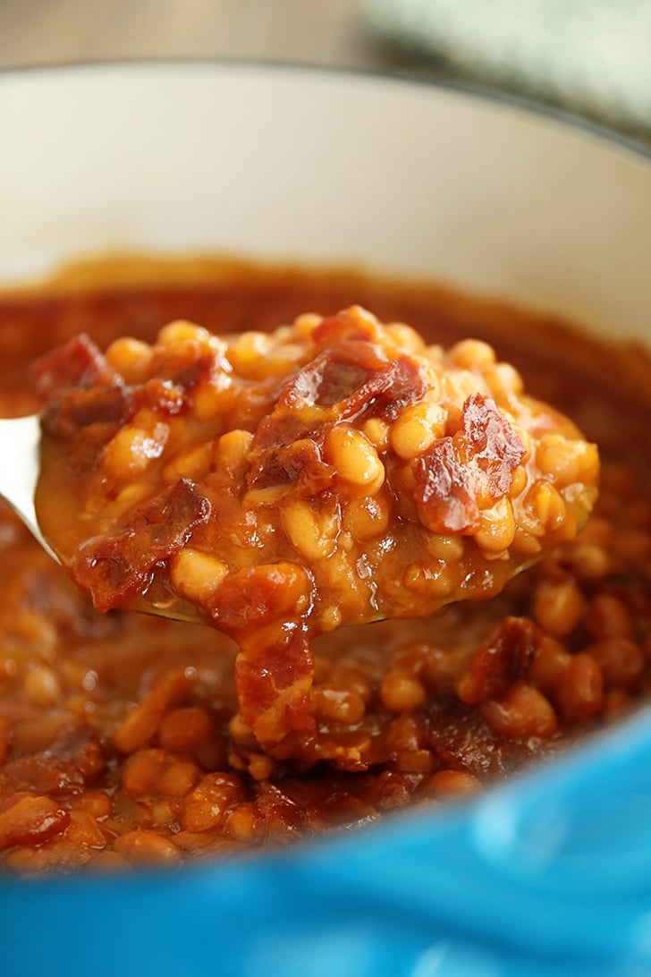 spoonful of bacon brown suagr baked beans.