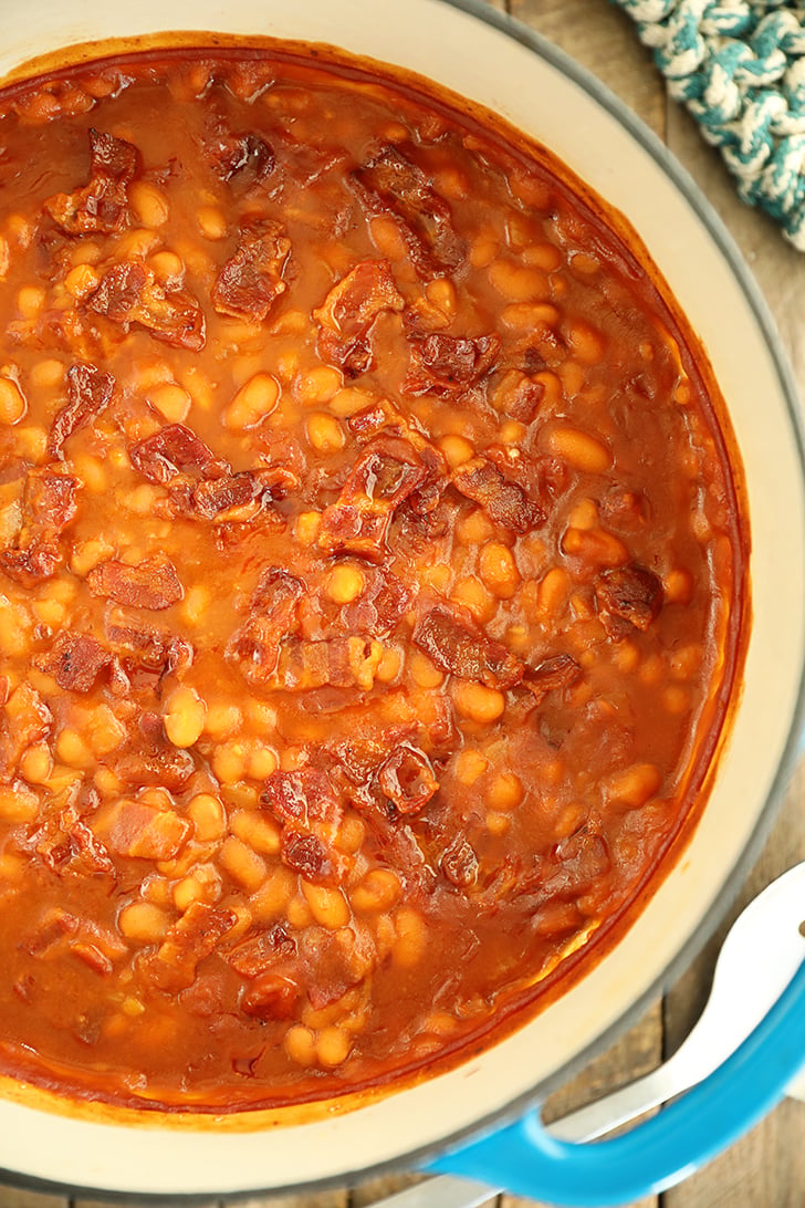 overhead view of bacon brown sugar baked beans.
