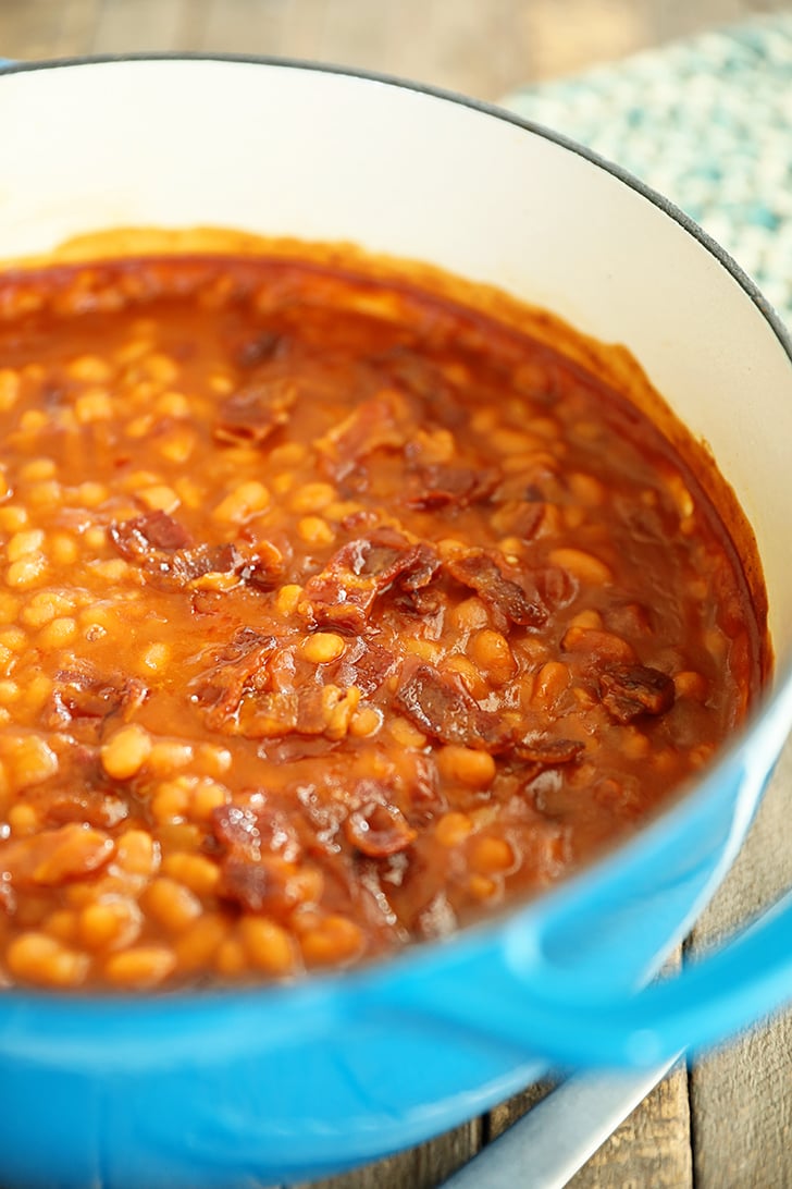 bacon brown sugar baked beans in a pot.