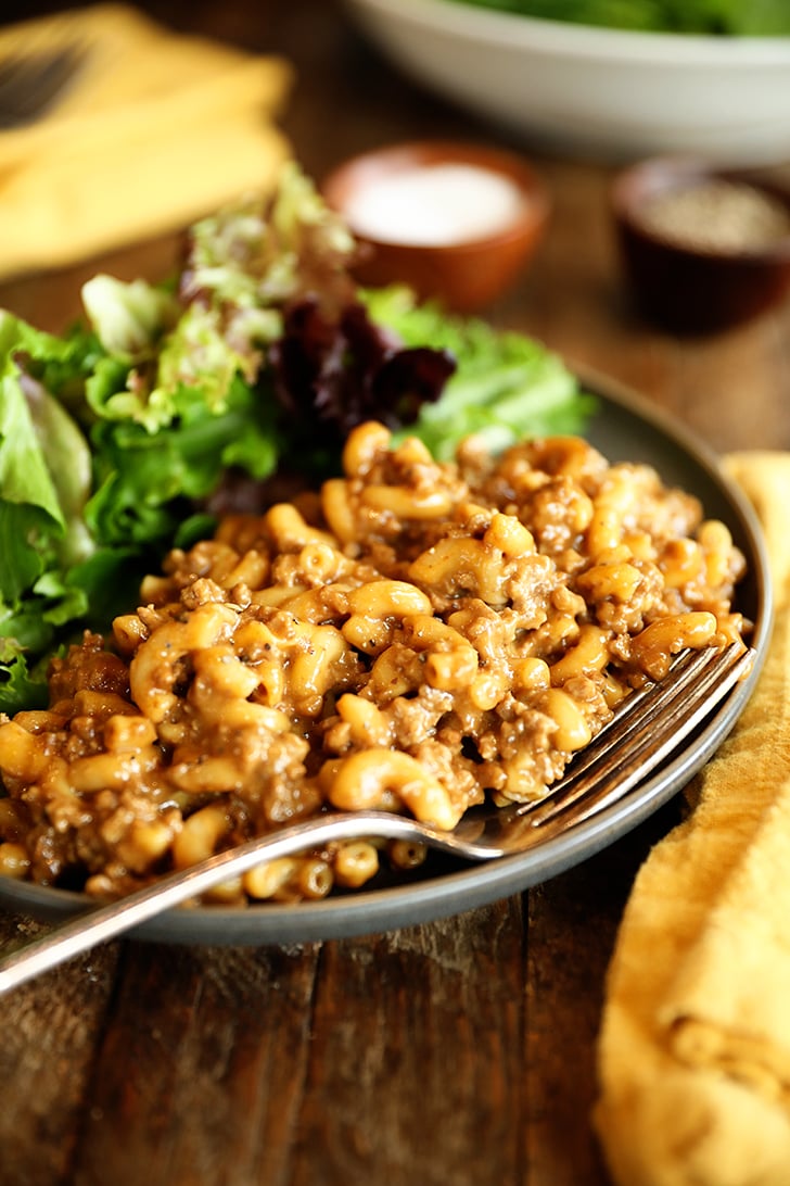 Homemade Hamburger Helper on a plate with a fork.